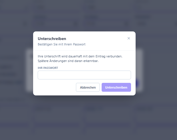 Dialog zum Unterschreiben eines Einsatzprotokolls mit Passworteingabe.